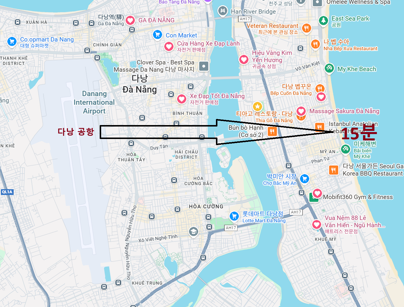 다낭 공항과 주요 관광지 거리 지도